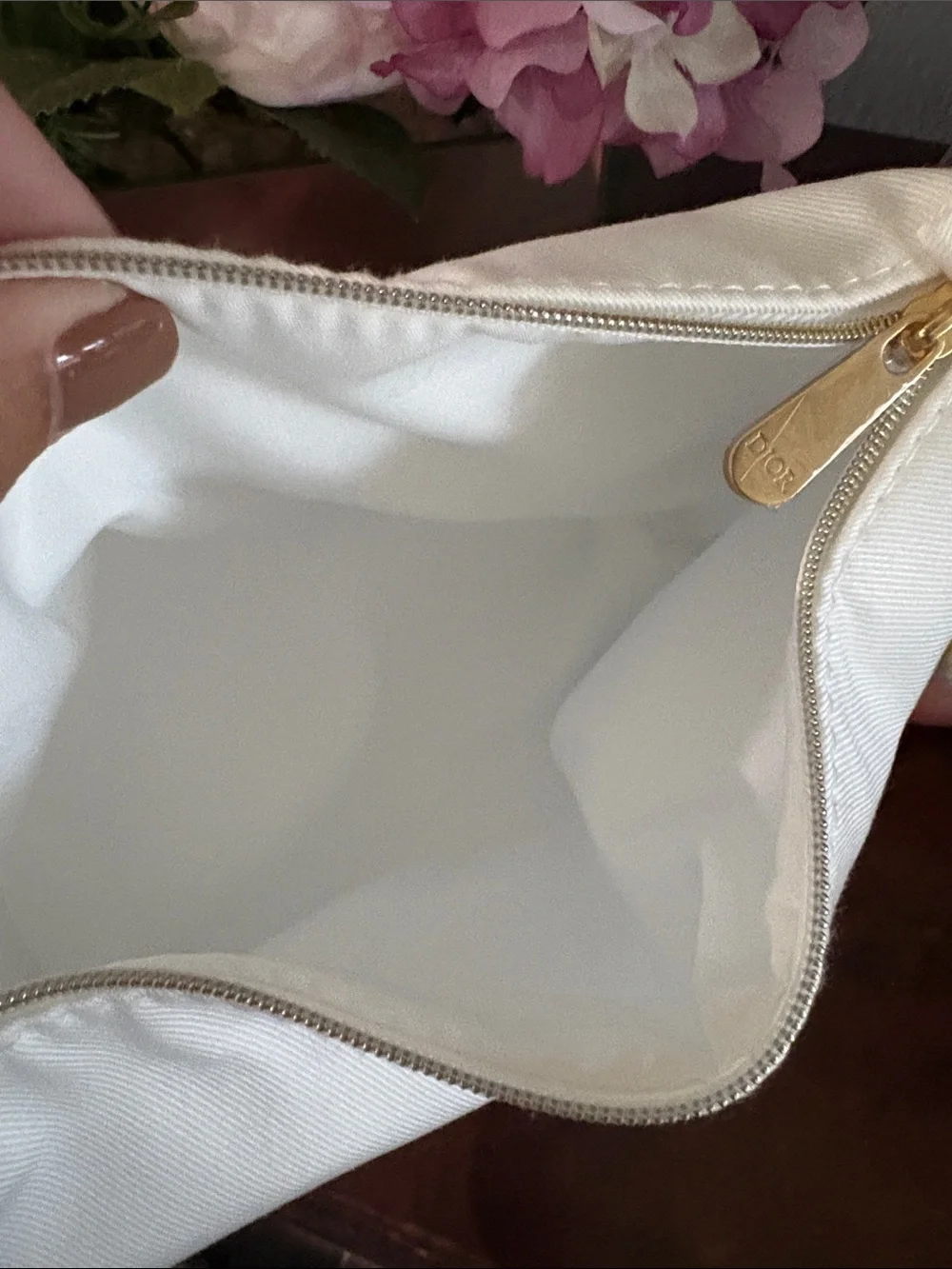 Dior White Embroidered Logo Cosmetic Pouch